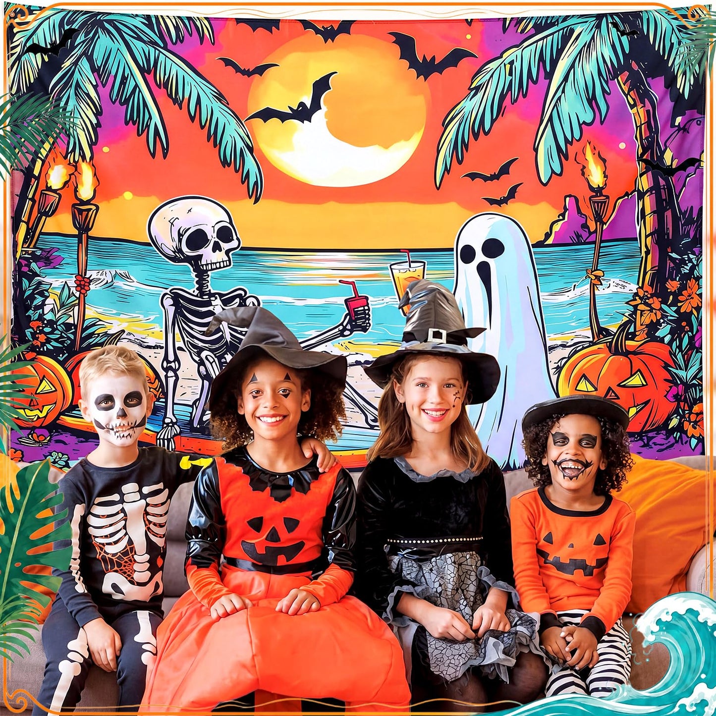 Gilprop Summer Halloween Decor 7x5ft Backdrop Banner for Halloween in Summer Party Decorations Supplies Photography Background Props Ghost Skeleton Pumpkin Beach Decorations