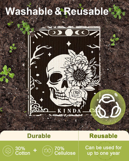 Miss Adola 8 Pack Reusable Kitchen Dishcloths - Absorbent, Fast Drying, Washable Swedish Towels with Cute Black Skull Design