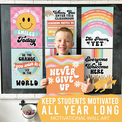 Hadley Designs Motivational Poster for Classroom Decor - 9 Growth Mindset Classroom Posters Elementary, Inspirational Wall Decor Middle School, Teacher Must Haves, Retro Bulletin Board Decorations