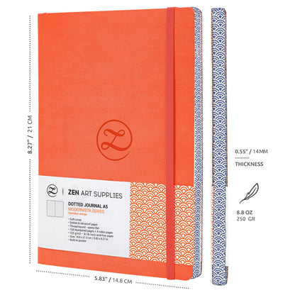 ZenART Supplies A5 Bullet Dotted Journal - Enjoy Bullet Journaling with a Soft Cover, Non-Bleed Thick 120gsm Paper with Japanese Edge Motif - Orange Faux Leather Lay Flat Dot Notebook