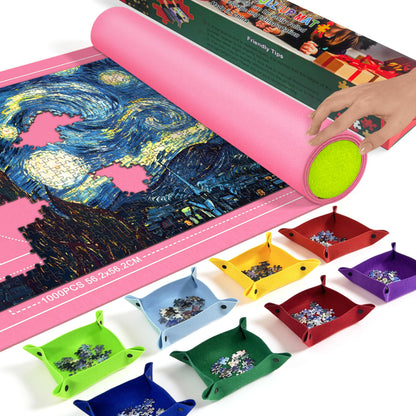 GOECI Portable Jigsaw Puzzle Roll Up Mat Kit - Holds Up to 1500 Pieces, Includes 8 Sorting Trays, Storage Bag & Box for Easy Transport and Crease-Free Storage Pink