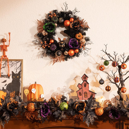 Valery Madelyn 24 Inch Halloween Wreath with Lights for Front Door, Collapsible Pre-Lit Wreath with Fake Crow Pumpkin Halloween Decorations for Home Wall Decor