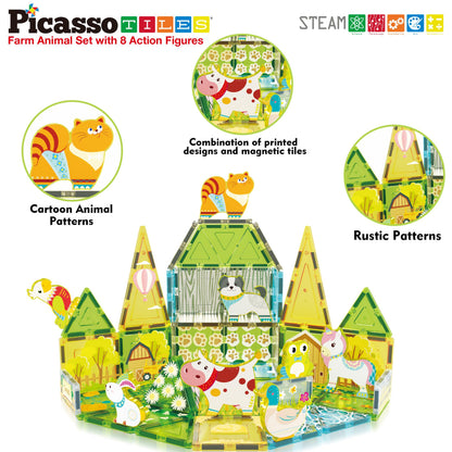 PicassoTiles Magnetic Tile Farm Animal Building Playset with 8 Character Figures STEM Construction Toy for Kids Age 3 Plus Educational Pretend Play Learning Blocks Farmyard Creative Activity Kit PTQ17