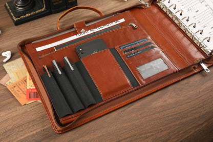 Handmade Leather Business Checkbook Binder - 7 Ring Check Binder with Handle, Check Holder Checkbooks for Business Checks for 3 Per Page 600 Checks Capacity for 9 x 13 inch Sheets, Oil Brown