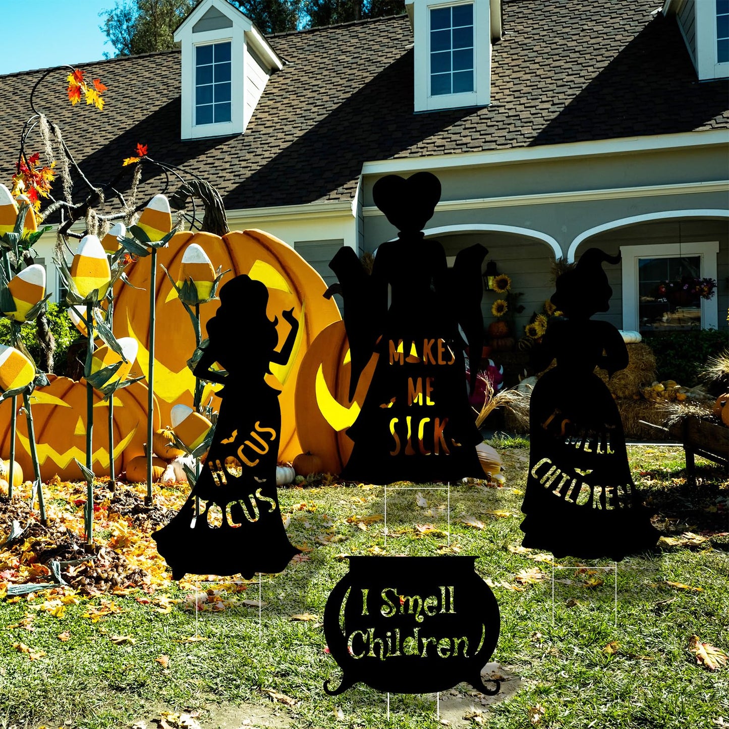 Arosche Extra Large Halloween Decorations Outdoor Hocus Pocus Yard Sign with Stakes 4 pack Witches Silhouette Themed I Smell Children Hocus Pocus Halloween Decor for Lawn, Yard, Garden, Party
