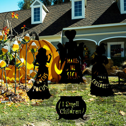 Arosche Extra Large Halloween Decorations Outdoor Hocus Pocus Yard Sign with Stakes 4 pack Witches Silhouette Themed I Smell Children Hocus Pocus Halloween Decor for Lawn, Yard, Garden, Party