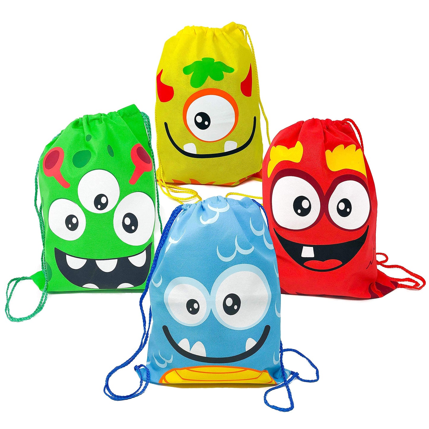 Podzly Drawstring Bags Bulk 12 Pack – Monster Themed Drawstring Backpack Bulk – 12" x 15" Washable Polyester Cinch Sackpack – Kids Party Favor Goody Bags for Halloween, Birthday, Dulceros Fiestas