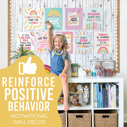 Hadley Designs Motivational Poster for Classroom Decor - 9 Growth Mindset Classroom Posters Elementary, Inspirational Wall Decor Middle School, Teacher Must Haves, Pastel Bulletin Board Decorations