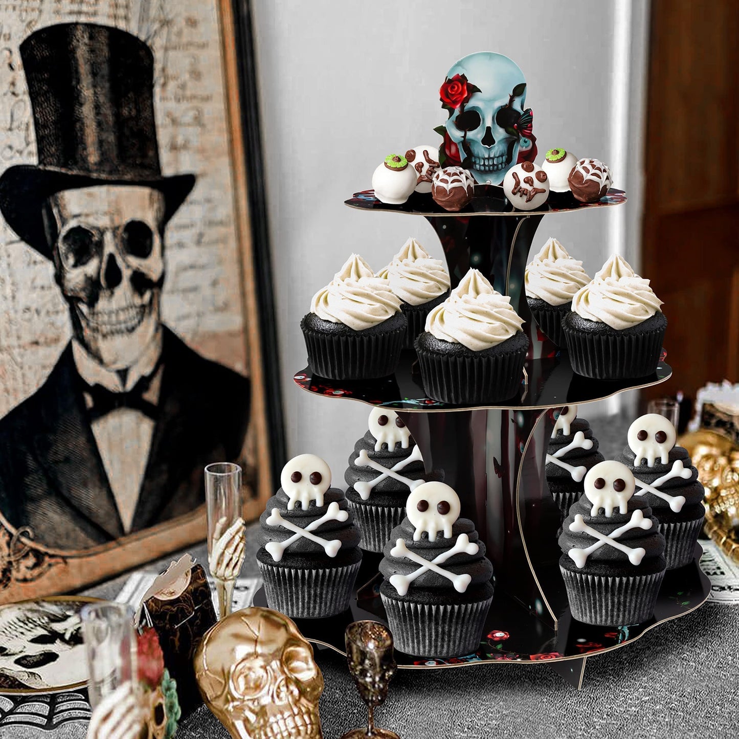 Cheerland Halloween Cupcake Stand Black Red Skeleton Birthday Party Decorations Rose Skull Party Decoration Goth Birthday Decor Spooky Skeleton Gothic Halloween Wedding Decorations