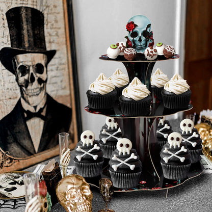 Cheerland Halloween Cupcake Stand Black Red Skeleton Birthday Party Decorations Rose Skull Party Decoration Goth Birthday Decor Spooky Skeleton Gothic Halloween Wedding Decorations