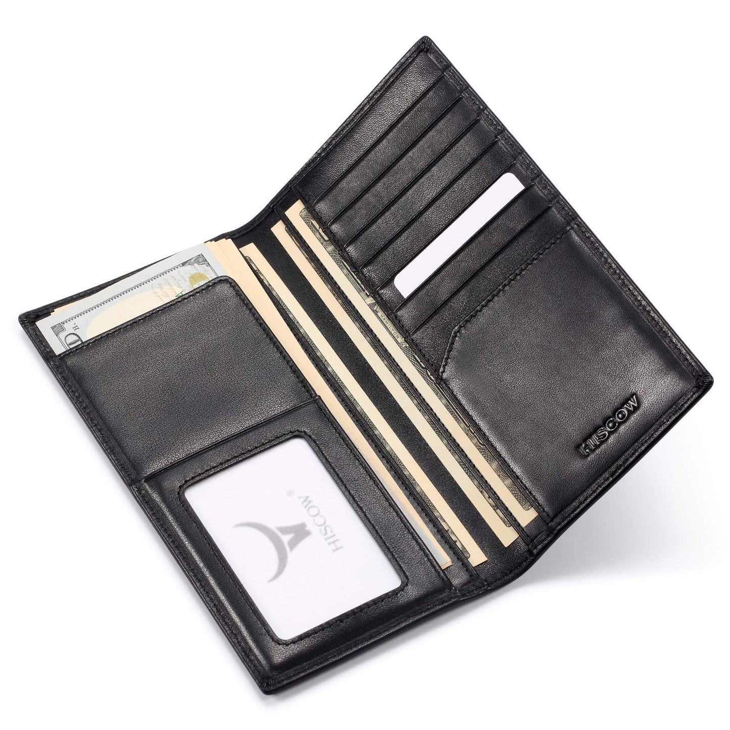 HISCOW Slim Leather Long Wallet for Men & Women, Italian Calfskin, Breast Pocket Wallet for Checkbook, Credit Cards (Black)