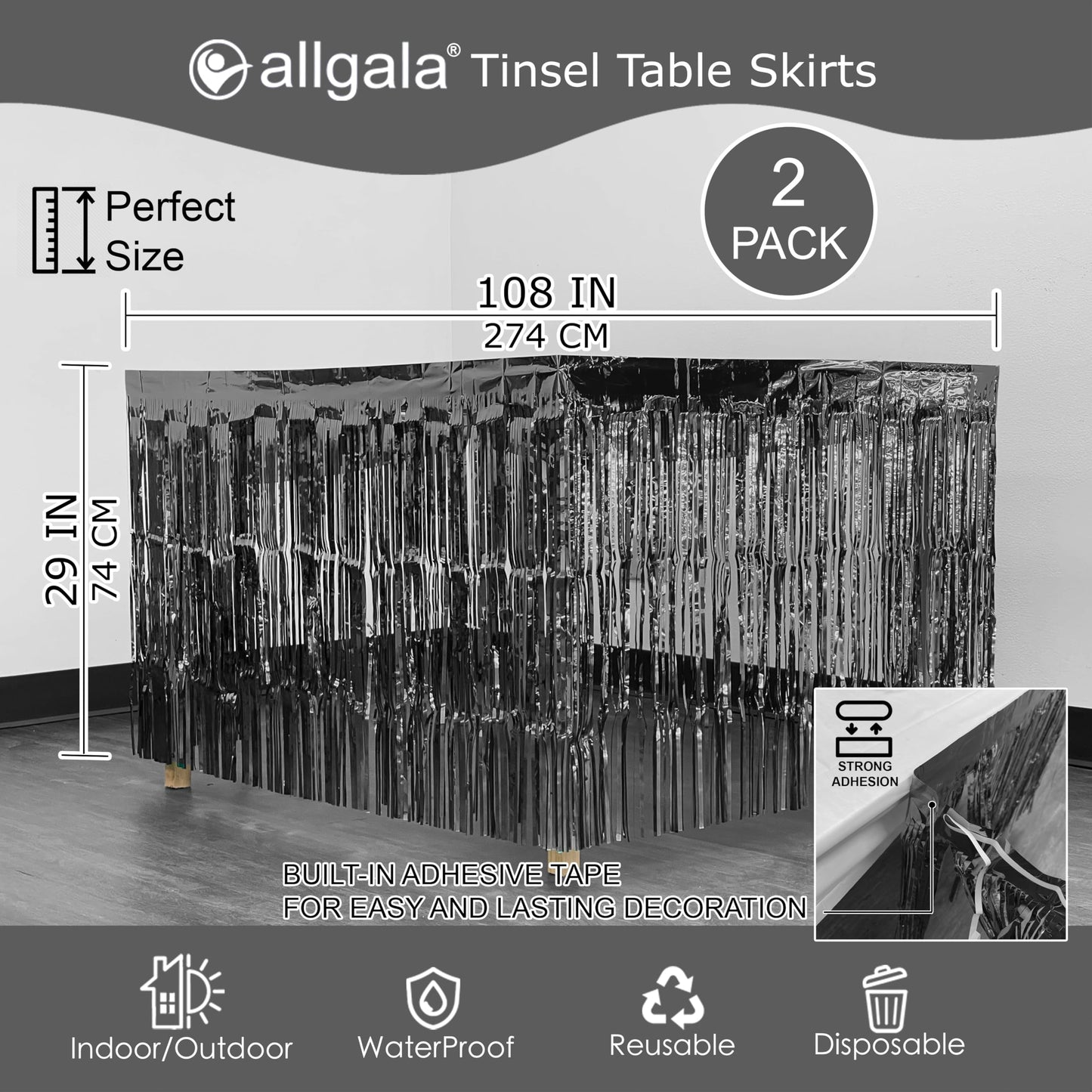 allgala Black Tinsel Table Skirt 2-Pack 29x108 Inch Metallic Foil Fringe Table Skirts for Party Event, Parade Float, Party Decoraton