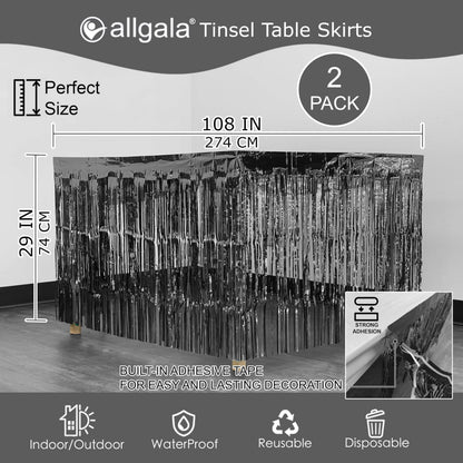 allgala Black Tinsel Table Skirt 2-Pack 29x108 Inch Metallic Foil Fringe Table Skirts for Party Event, Parade Float, Party Decoraton
