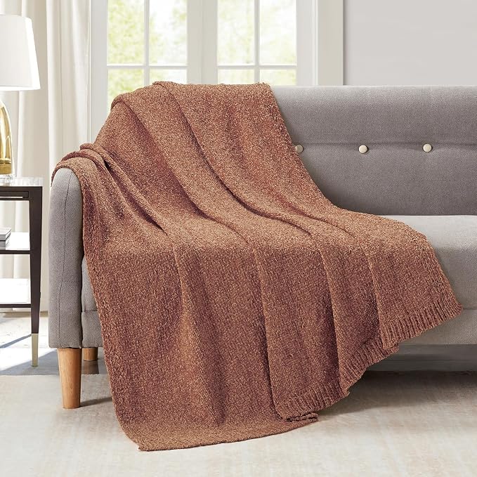 BOURINA Chenille Throw Blanket for Couch Sofa Chair Bed Home Decoration, Soft Warm Cozy Blanket for All Season（50" x 60", Coral）