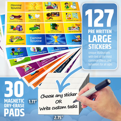 Large Magnetic Reward Chart for Kids - 127 Pre-Written Stickers (Including Potty Training) + 30 Customizable Chores - Behavior, Responsibility & Incentive Routine Star Chart for Fridge (1 Kid Version)