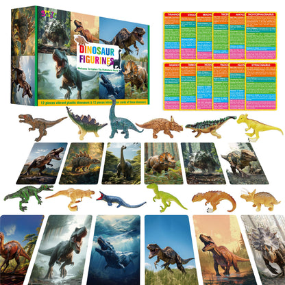 12 PCS Dinosaur Figurines with 12 Introducing Flashcards, Portable Dinosaur Figurines Montessori Toys Science Educational Matching Game for Homeschool Preschool Toddler Kids