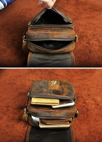 Le'aokuu Men Leather Fashion Mini Messenger Crossbody Bag Designer Hook Organizer Waist Hip Bum Belt Bag Pack (0 1168 brown)