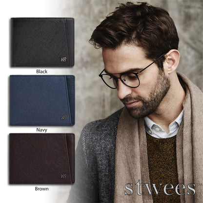Maskfactory stwees bifold leather wallets - Ultra slim, RFID, Front pocket, slim, ID window (Pocket style B, Black)