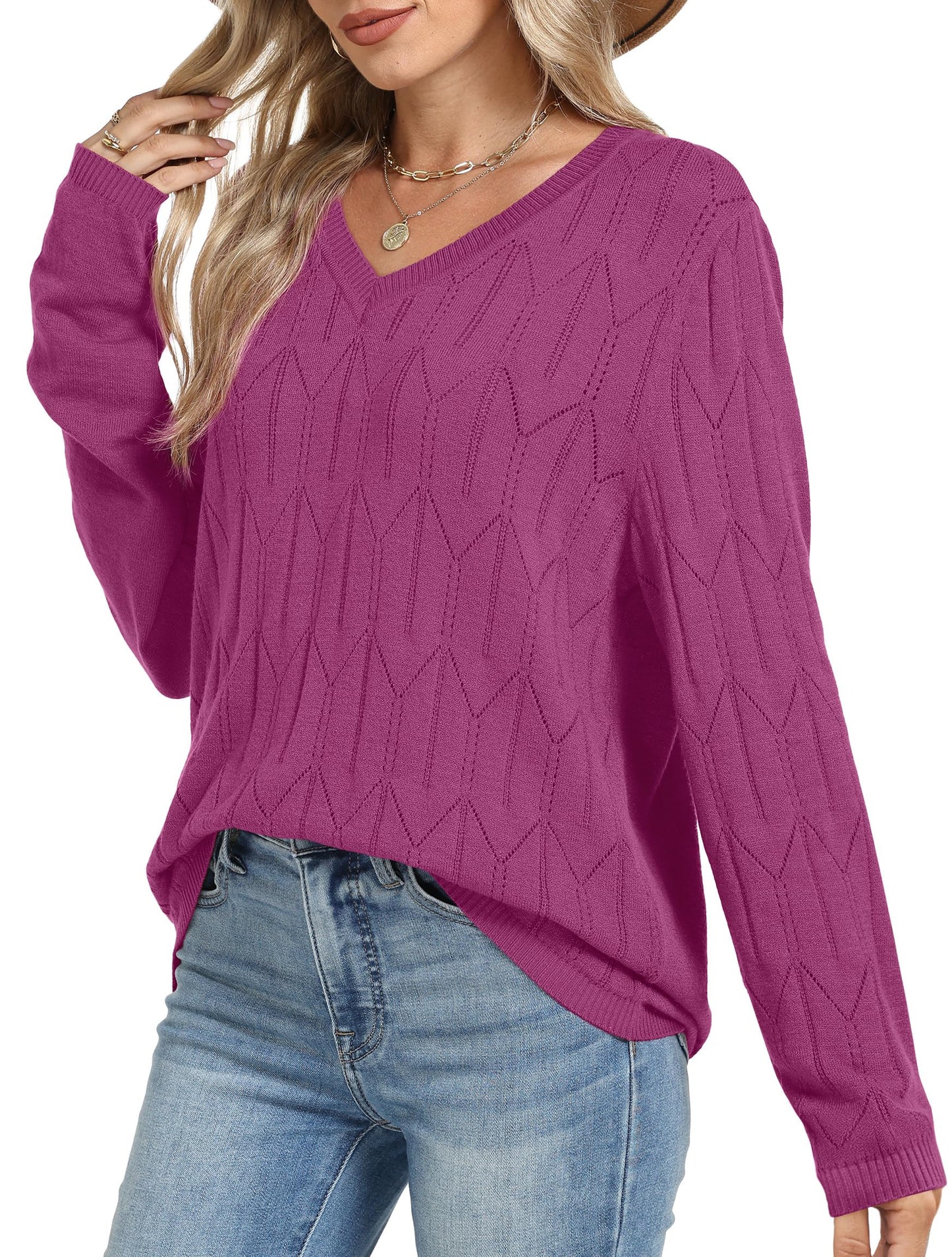 OFEEFAN Womens Sweaters Long Sleeve Shirts Fall Outfits 2025 V Neck Soft Knit Pullover Trendy Tops Dressy Casual Blouses