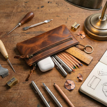 LEATHER TOWN Leather Pencil Case Pouch 8" x 4" - Leather Pen Case with Zipper (Brown)