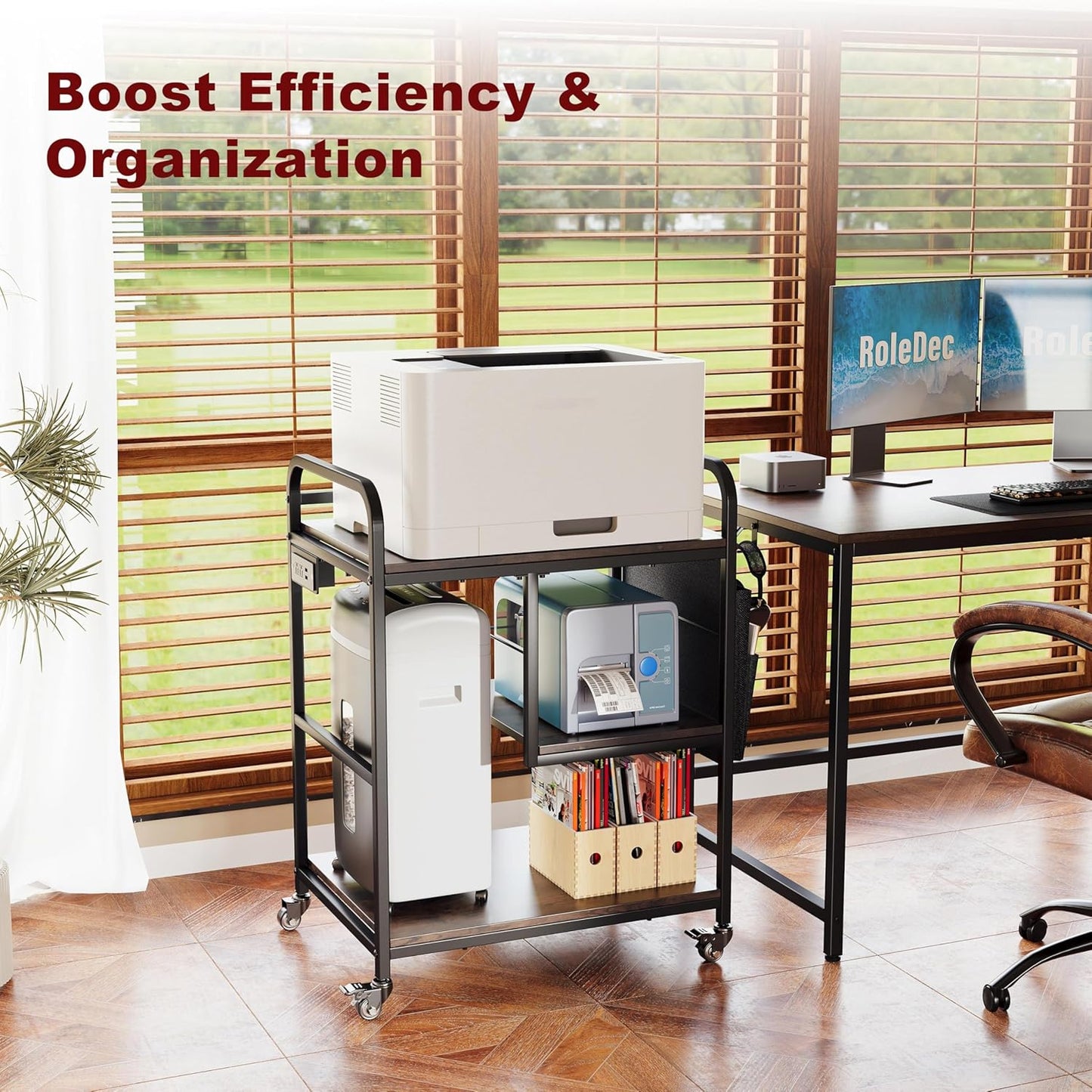 3 Tier Heavy Duty Printer Stand with Storage, Computer Tower Stand with Industrial Wheels & Drawer, Large Mobile Printer Table for Home Office Organization (Rustic Brown)