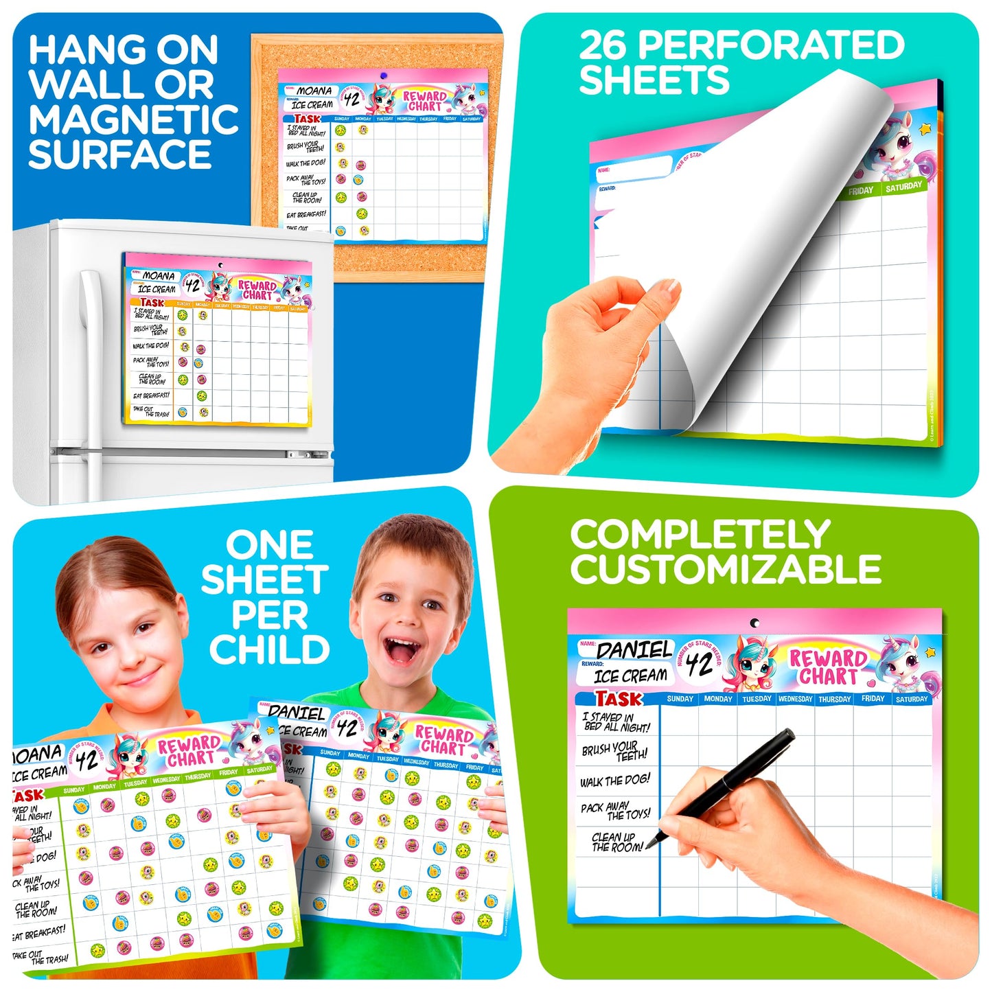 Behavior Reward System - Pad with 26 Chore Charts for Kids, 1400 Stickers to Motivate Responsibility & Good Habits (Unicorn)
