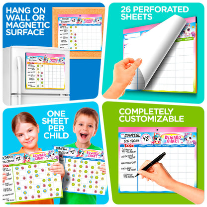 Behavior Reward System - Pad with 26 Chore Charts for Kids, 1400 Stickers to Motivate Responsibility & Good Habits (Unicorn)