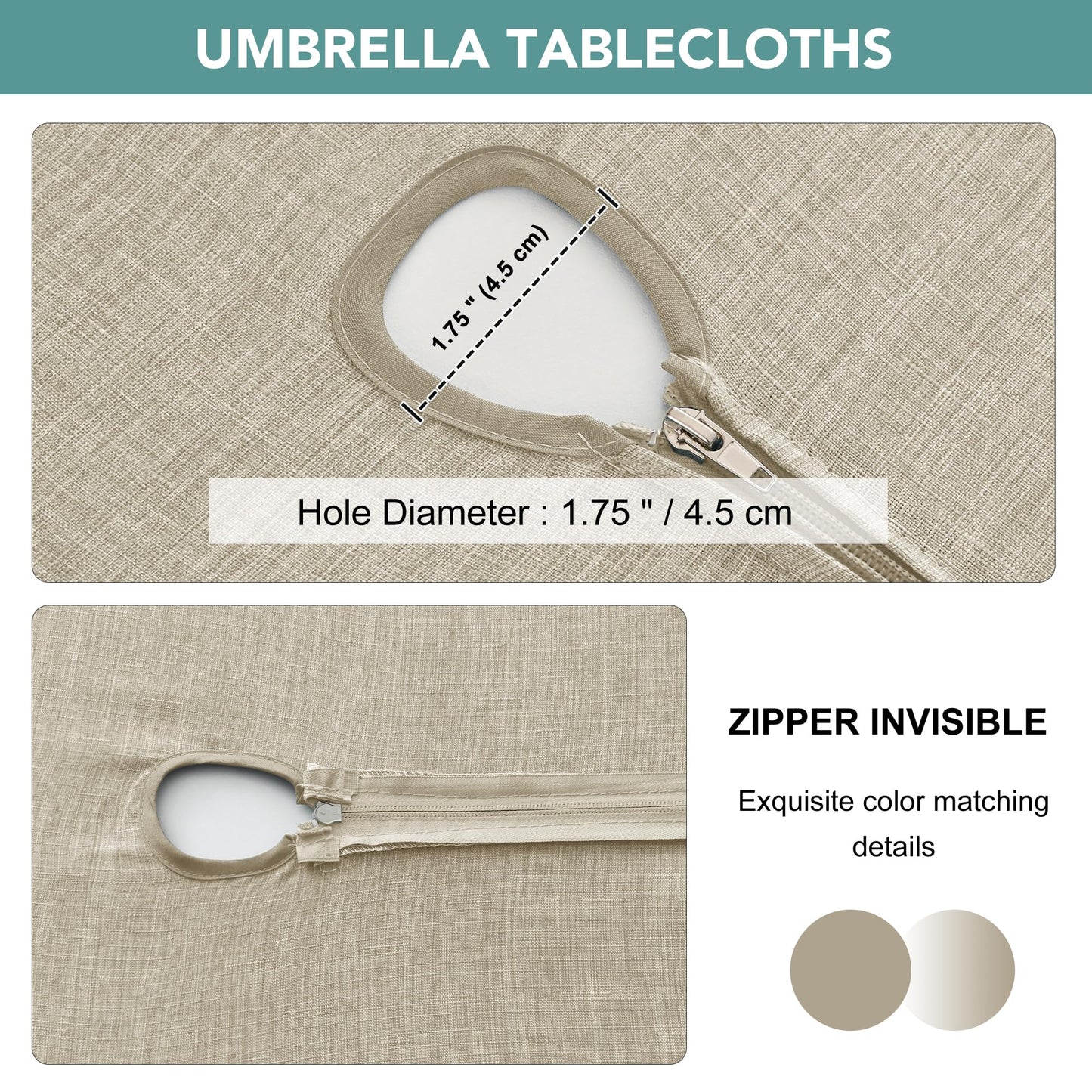 Outdoor Tablecloth with Umbrella Hole - Patio Table Cloth Zippered Round 60 Inch, Linen-Look Polyester Table Cover Water Resistant for Picnic Outside, Natural Color