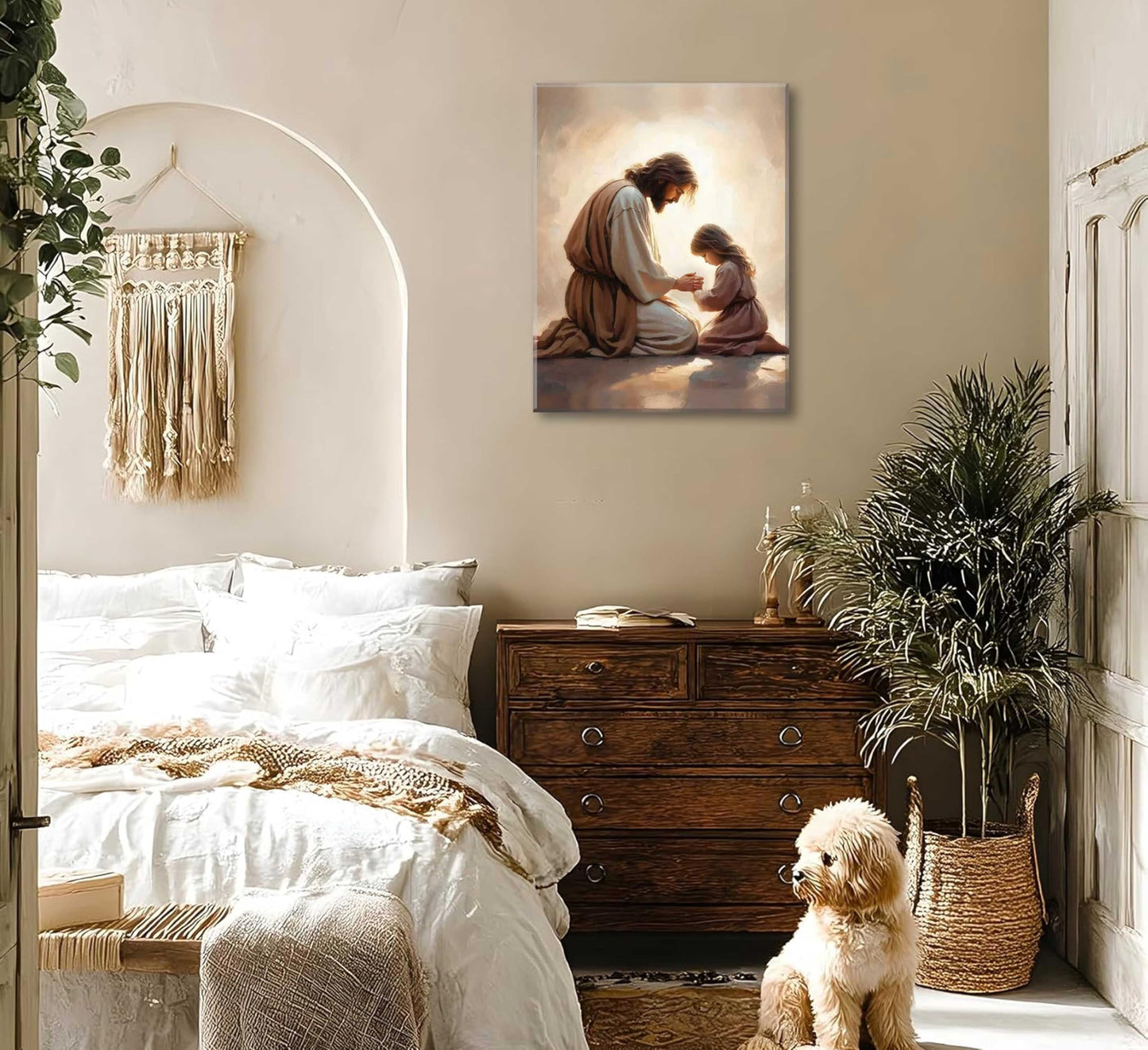 Jesus Praying with Girl Canvas Wall Art Christian Spiritual Posters Painting Religious Bible Story Prints Wall Decor Jesus Kid Pictures for Living Bedroom Room Church Home Decoration Framed