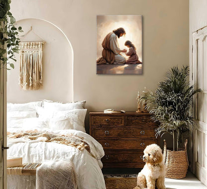 Jesus Praying with Girl Canvas Wall Art Christian Spiritual Posters Painting Religious Bible Story Prints Wall Decor Jesus Kid Pictures for Living Bedroom Room Church Home Decoration Framed