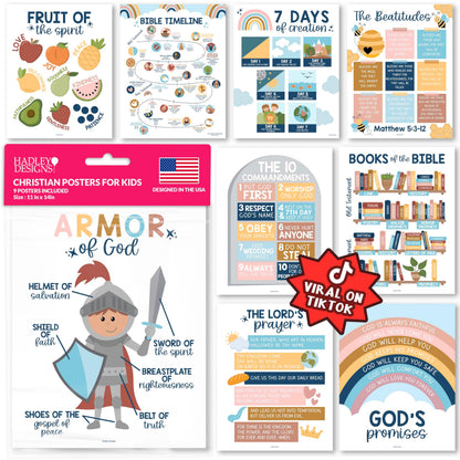 Hadley Designs Sunday School Decorations for Classroom –9 Bible Posters for Kids, Books of the Bible, 10 Commandments, Bible Timeline Chart, Fruits of the Spirit, Boho Christian Classroom Decor
