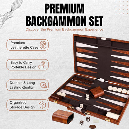 Premium Backgammon 18 Inches Large Brown - Backgammon Sets for Adults and Kids - Leatherette Back Gammon Board Game Set - Travel Backgammon Set Board Encased with Accessories