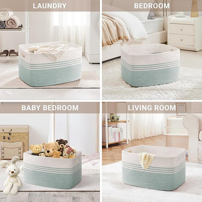 45L Small Laundry Basket for Living Room Storage, Woven Rope Baskets Bin for Blanket, Kids Toy, Gifts, Wicker Hamper for Bedroom Dirty Clothes, 18"x14"x11" White Green