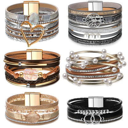 Yinkin 6 Pcs Boho PU Leather Wrap Bracelets for Women Stack Multi Layer Bohemian Cuff Bracelets trendy Jewelry Gifts(Stylish)