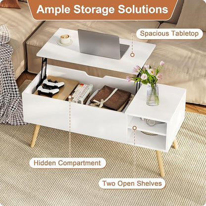 ALINE FURNITURE White Coffee Table Lift Top - Coffee Table with Solid Wood Legs, Hidden Storage Compartment & Open Shelves - 40" Lift Up Coffee Tables for Living Room
