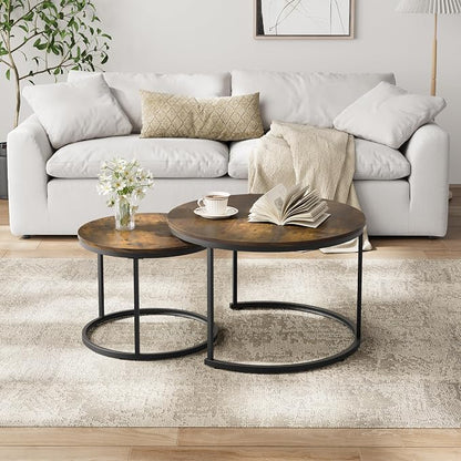 Smuxee Rustic Nesting Coffee Table Set of 2, 27.6" Round Coffee Table Wooden Marble Pattern with Adjustable Non-Slip Feet, Industrial End Table for Living Room Bedroom Balcony