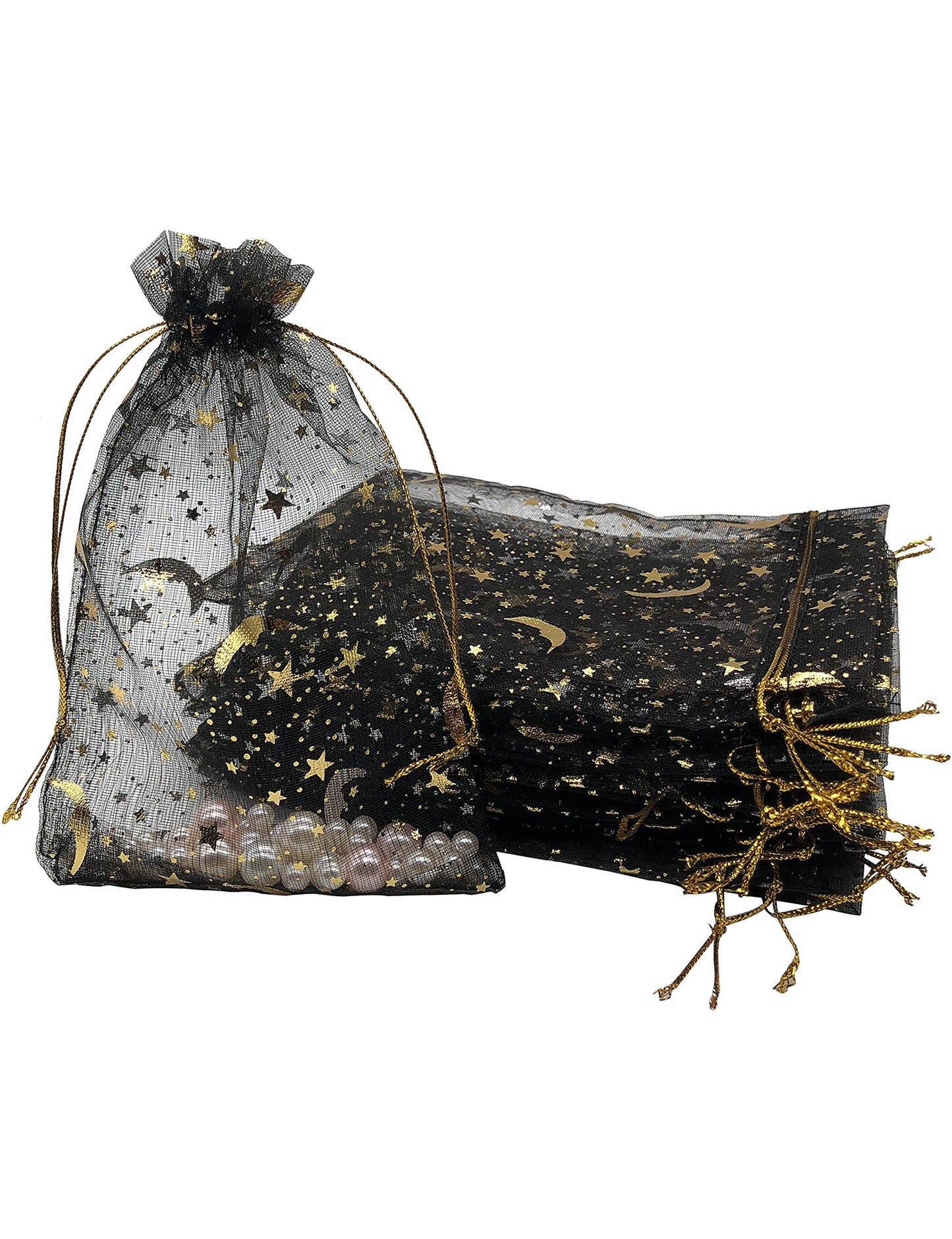 Jexila 100PCS Black Organza Gift Bags 4X6 Small Mesh Bags Drawstring Jewelry Pouch Halloween Goodie Treat Bag Moon Star for Birthday Party Favor Candy Bag