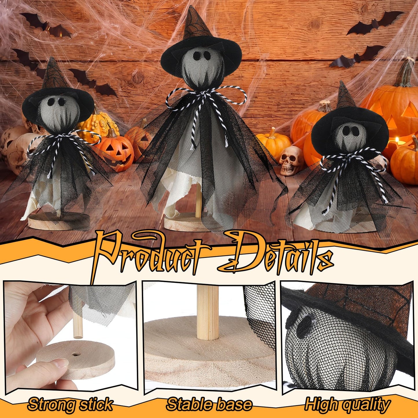 Redbaker 3 Pcs Halloween Decorations Indoor Primitive Halloween Ghost with Witch Hat on Wood Stand Spooky Ghost Tiered Tray Decor Rustic Table Centerpiece for Home Office Mantel Shelf (Black, Gothic)