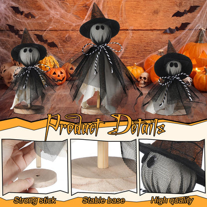 Redbaker 3 Pcs Halloween Decorations Indoor Primitive Halloween Ghost with Witch Hat on Wood Stand Spooky Ghost Tiered Tray Decor Rustic Table Centerpiece for Home Office Mantel Shelf (Black, Gothic)