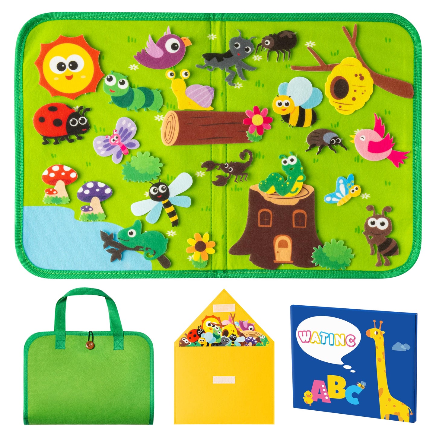WATINC Travel Felt Board Story Set - 25PCS Portable Felt Board Educational Birthday Gift for Boys & Girls, Themed Storytelling Preschool Early Learning Interactive Play Kit for Toddlers (Insect)