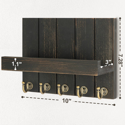 Rebee Vision Pine Wood Key Holder Wall Mount with Floating Shelf – Farmhouse Key Holder for Wall to Maximize Storage Solutions – Mail Organizer for Office Decor (3.54" x 10" x 7.28", Distressed Black)