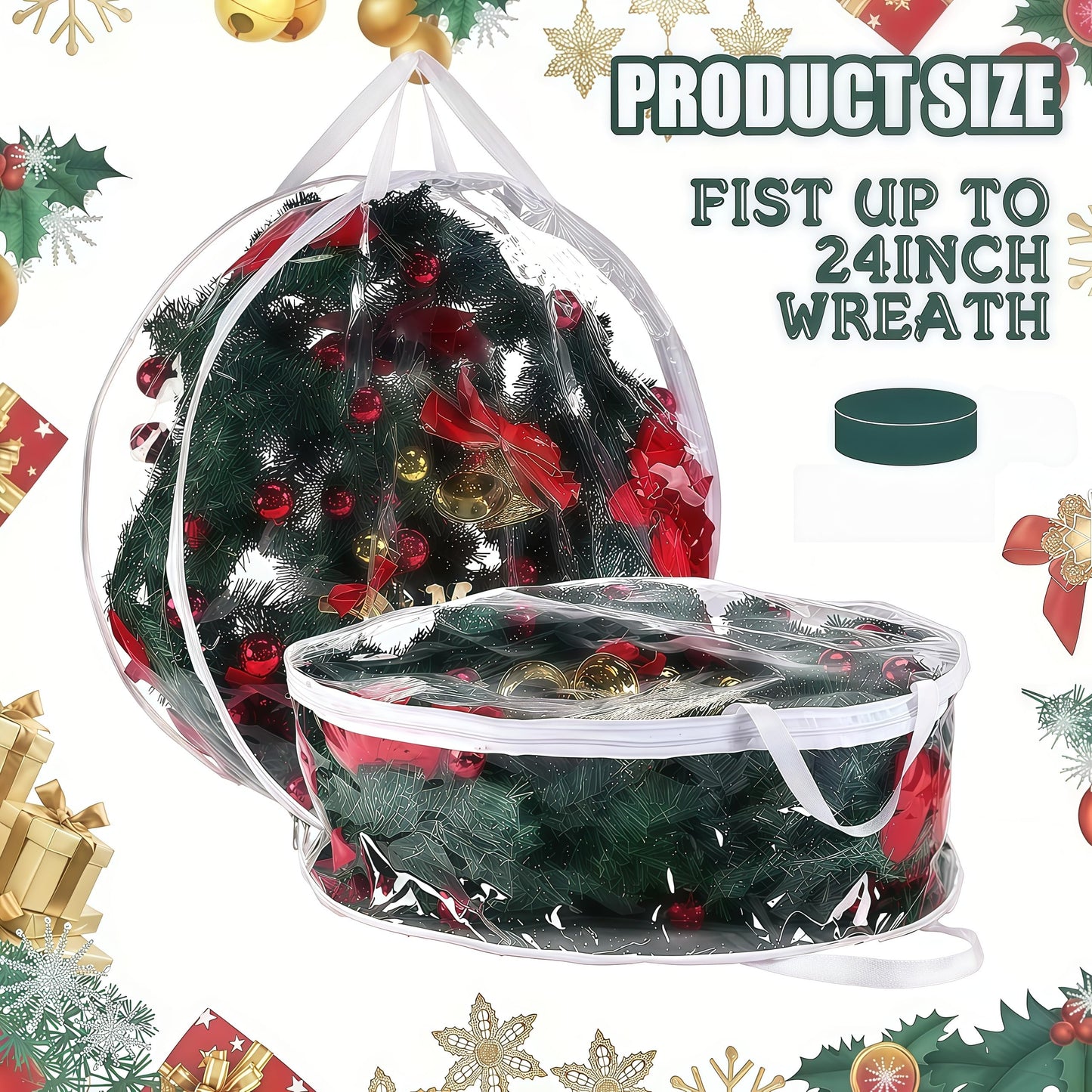 2Pcs Christmas Wreath Storage Container 24 Inch Clear Wreath Storage Bags Round Durable Wreath Bags Clear Everyday Bag with Dual Zippers and Sturdy Handles for Holiday Christmas Wreaths（Medium）