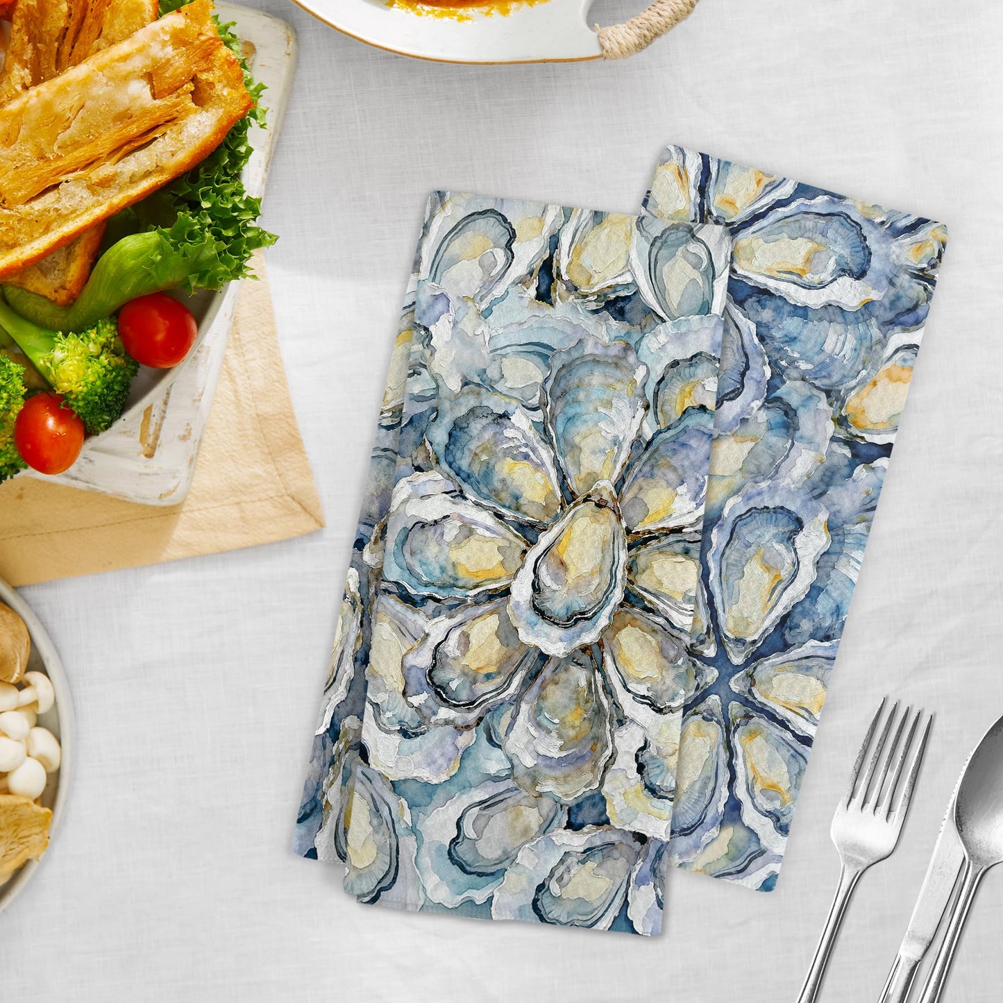 Gnmduw Coastal Beach Oyster Kitchen Towels, Ocean Beachy Oysters Hand Towels Set of 2, Coastal Bathroom Decor, Farmhouse Nautical Oyster Hand Dish Tea Towel for Kitchen Bathroom Decor, 16x24 Inch