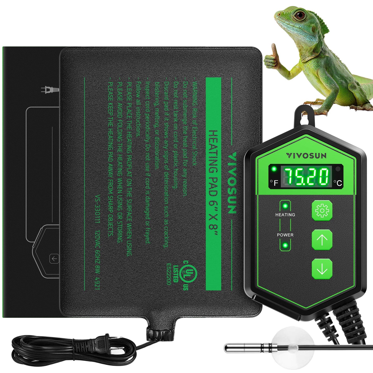 VIVOSUN Reptile Heating Pad 8x12 Inch with Thermostat Combo Under Tank Terrarium Heating Mat for Turtles, Lizards, Frogs, and Other Reptiles