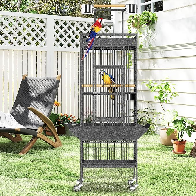 61" Extra Large Bird Cage with Play Top & Rolling Stand – Wide Metal Parrot Cage for Macaws, Cockatoos, Conures, Parakeets, Lovebirds – Includes Bowls