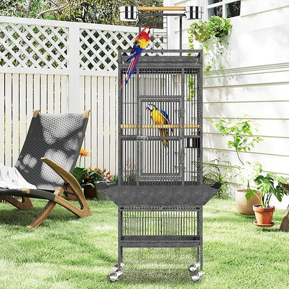 61" Extra Large Bird Cage with Play Top & Rolling Stand – Wide Metal Parrot Cage for Macaws, Cockatoos, Conures, Parakeets, Lovebirds – Includes Bowls