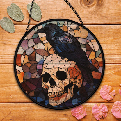 Hxlac Black Raven Halloween Suncatcher Stained Glass Window Hanging, Gothic Skull Black Crow Sun Catchers Indoor Window Glass Round Wall Decor, Halloween Raven Wall Art Hanging Decorations, ＂7.8x7.8＂
