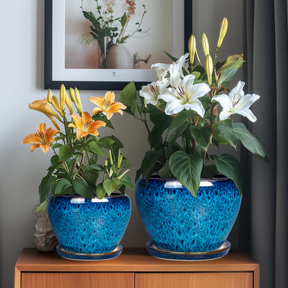 EPFamily Ceramic Plant Pots Indoor, 10 Inch 8 Inch 6 Inch Round Planters Pots for Indoor Outdoor Plants, Modern Large Flower Pots with Drainage Holes and Saucers, Set of 3, Blue