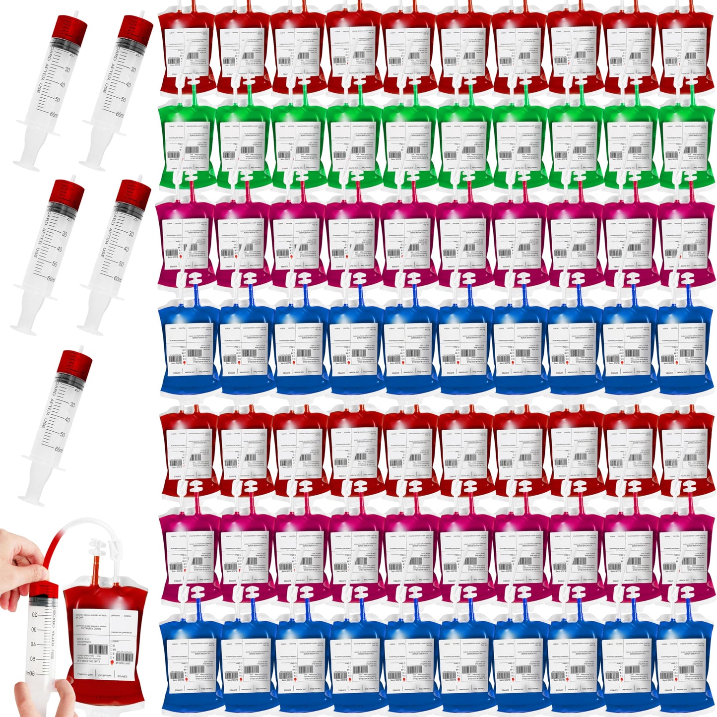80 Packs Halloween Blood IV Bags for Drinks Reusable Energy Container Juice Pouch Prop for Halloween Zombie Nurse Hospital Theme Party Decoration, Vampire Party Props (80pcs Bag/Label, 5 Syringes)