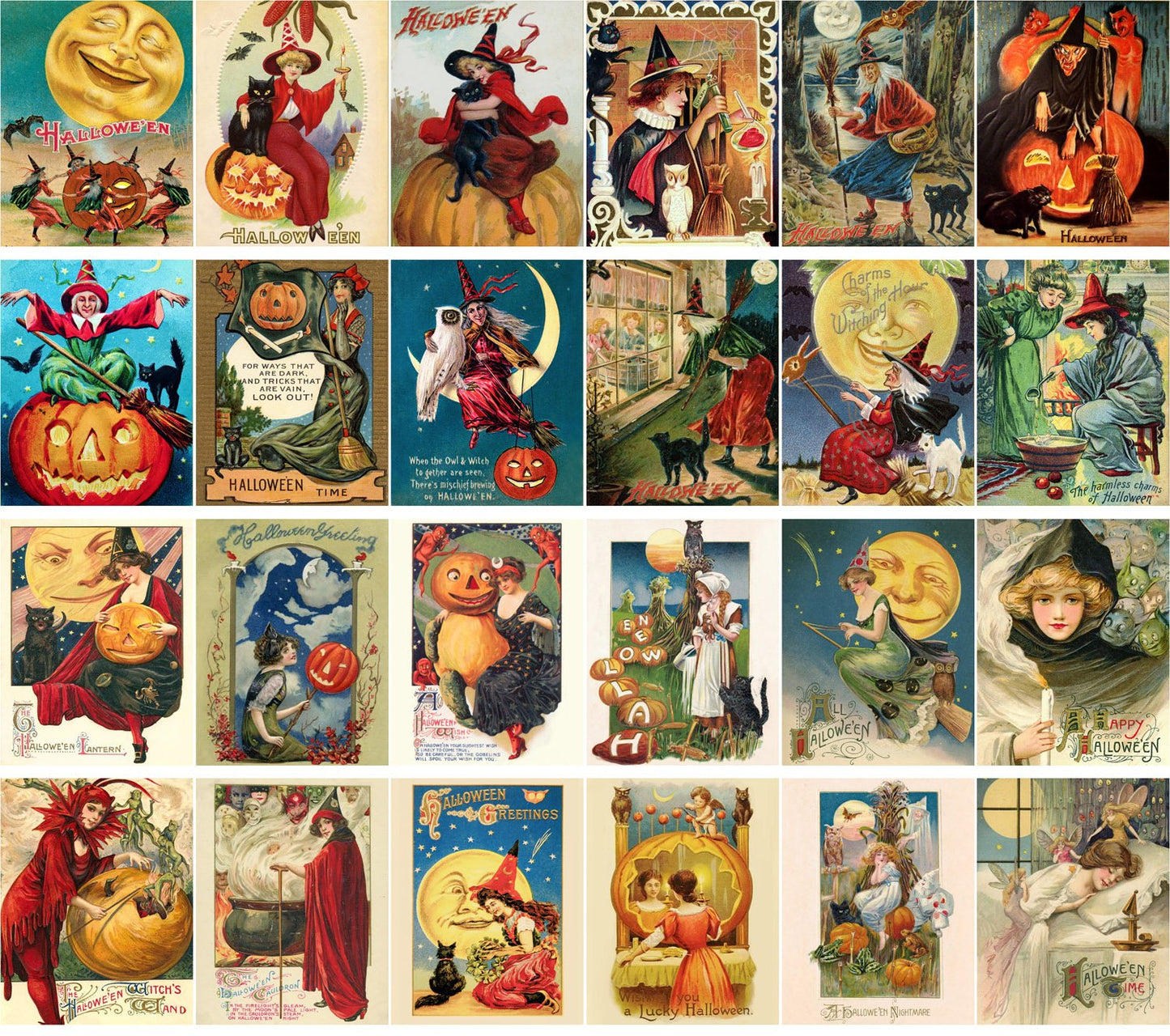 Large Stickers (24 pcs 2.5"x3.5") Halloween Pinup Witch Vintage Greeting Cards Reprint